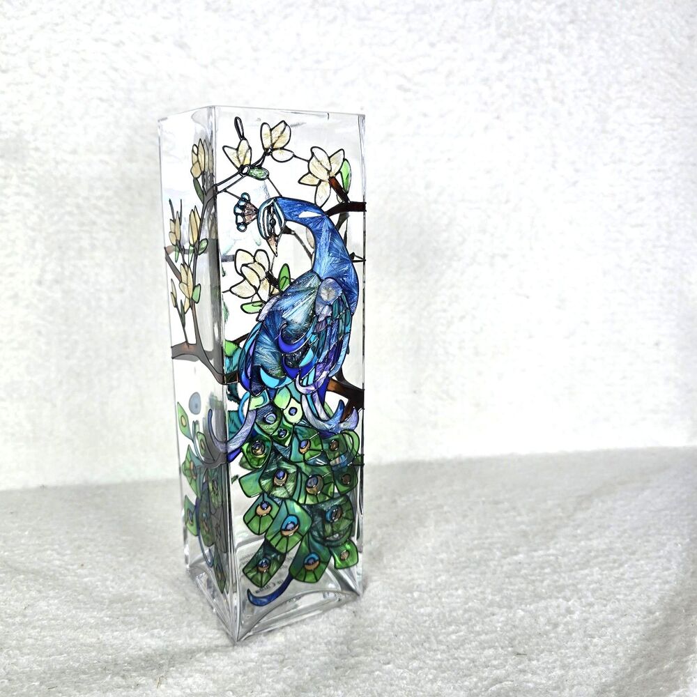 Joan Baker Hand Painted Glass Vase Peacock Floral Art 10" Decorative